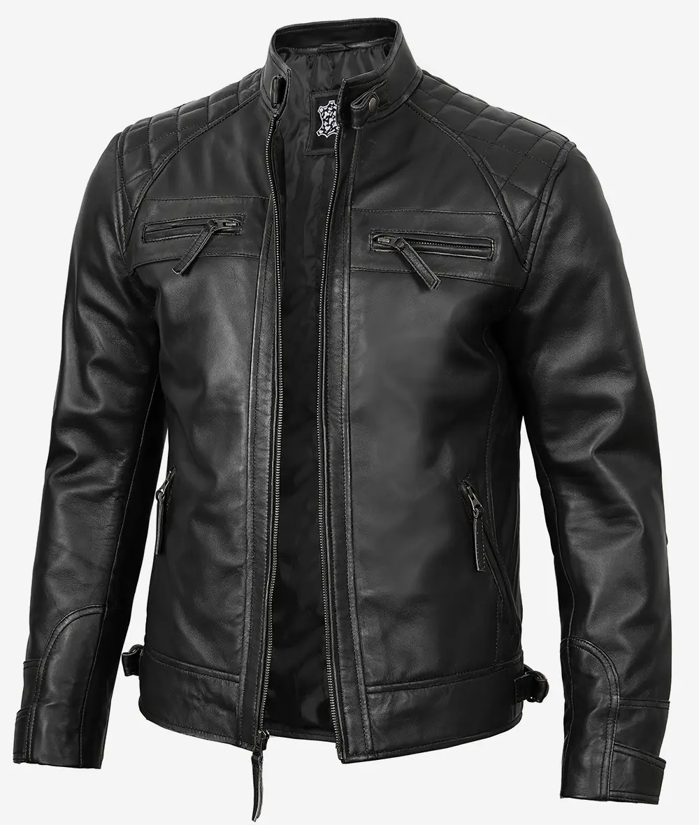 Men's Quilted Shoulder Black Cafe Racer Leather Jacket