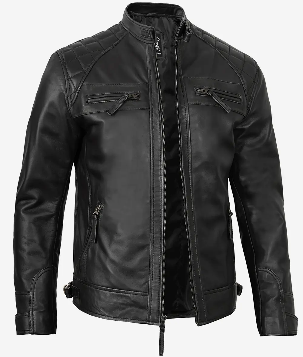 Men's Quilted Shoulder Black Cafe Racer Leather Jacket