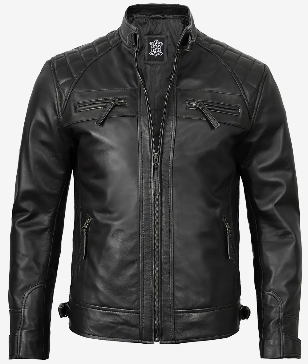 Men's Quilted Shoulder Black Cafe Racer Leather Jacket