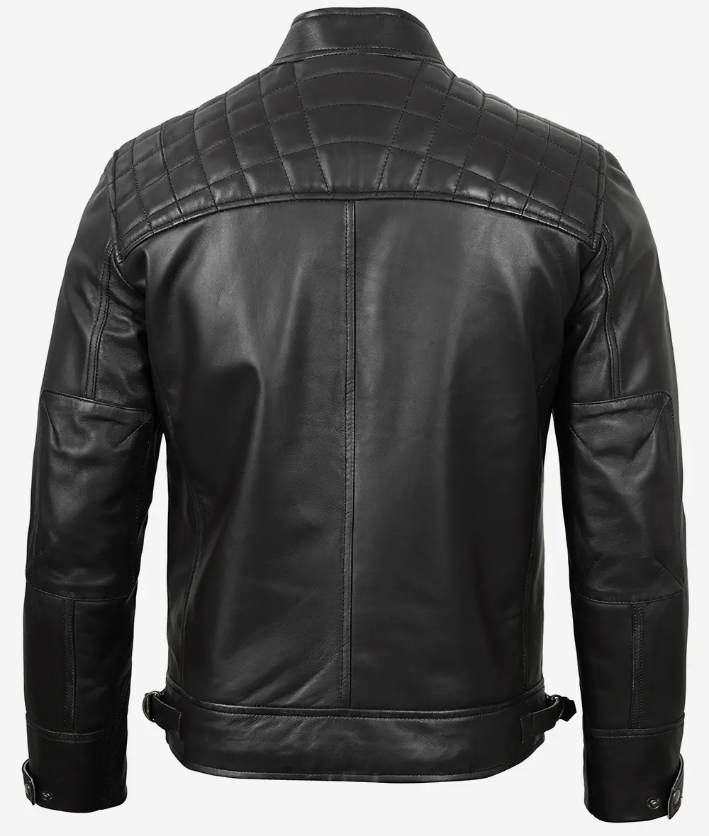 Men's Quilted Shoulder Black Cafe Racer Leather Jacket