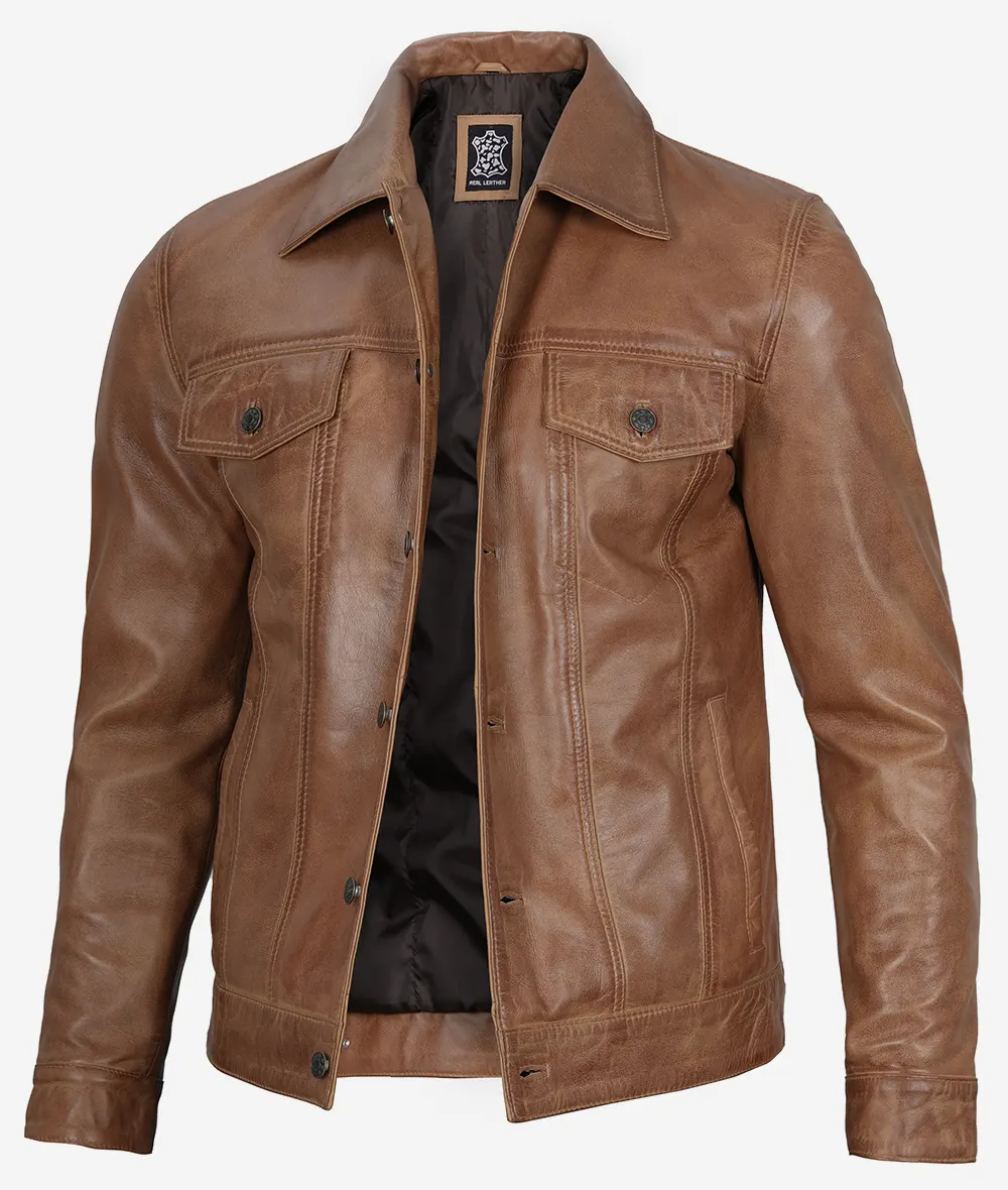 Men's Real Leather Camel Brown Trucker Jacket