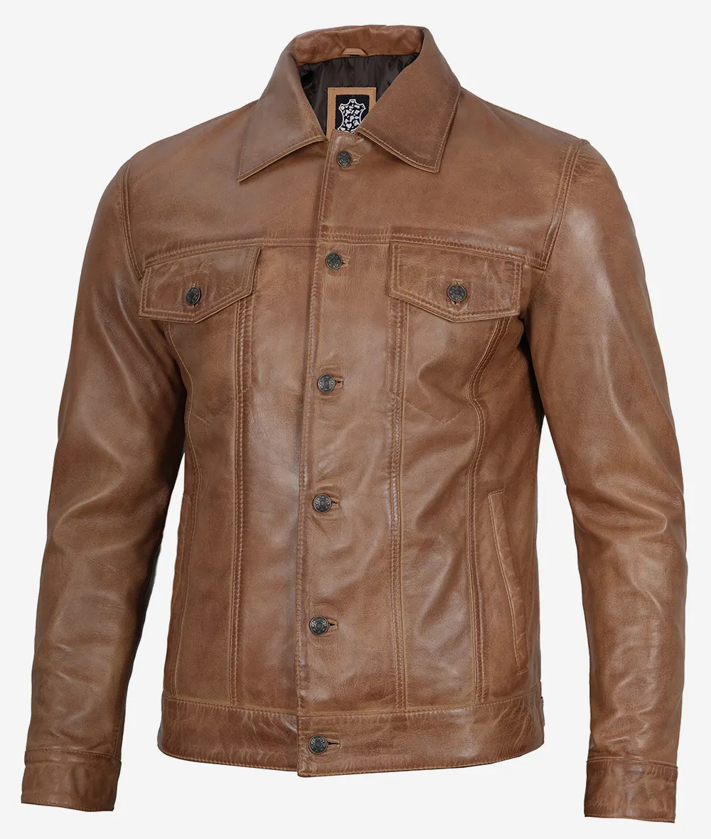 Men's Real Leather Camel Brown Trucker Jacket