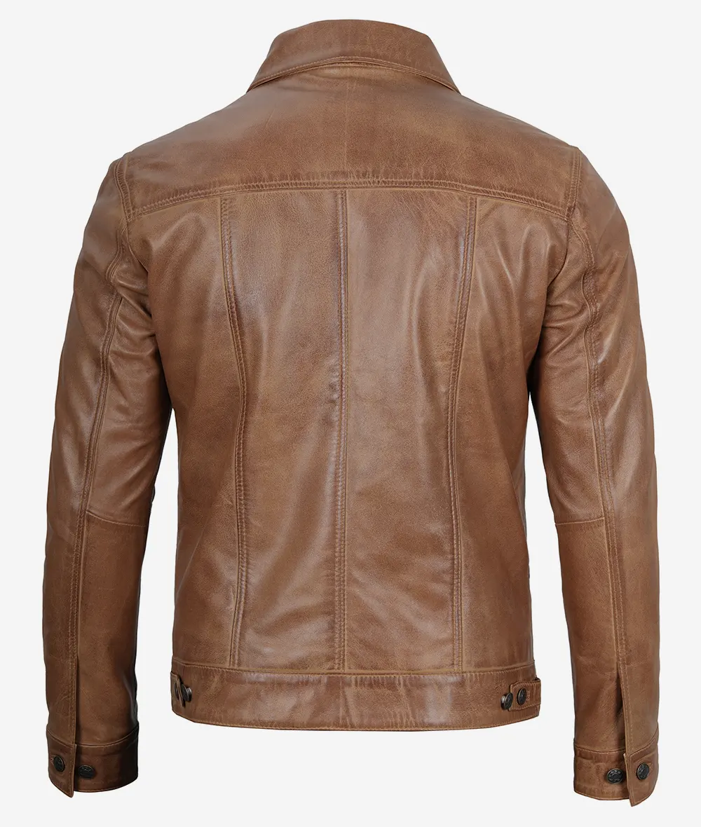 Men's Real Leather Camel Brown Trucker Jacket