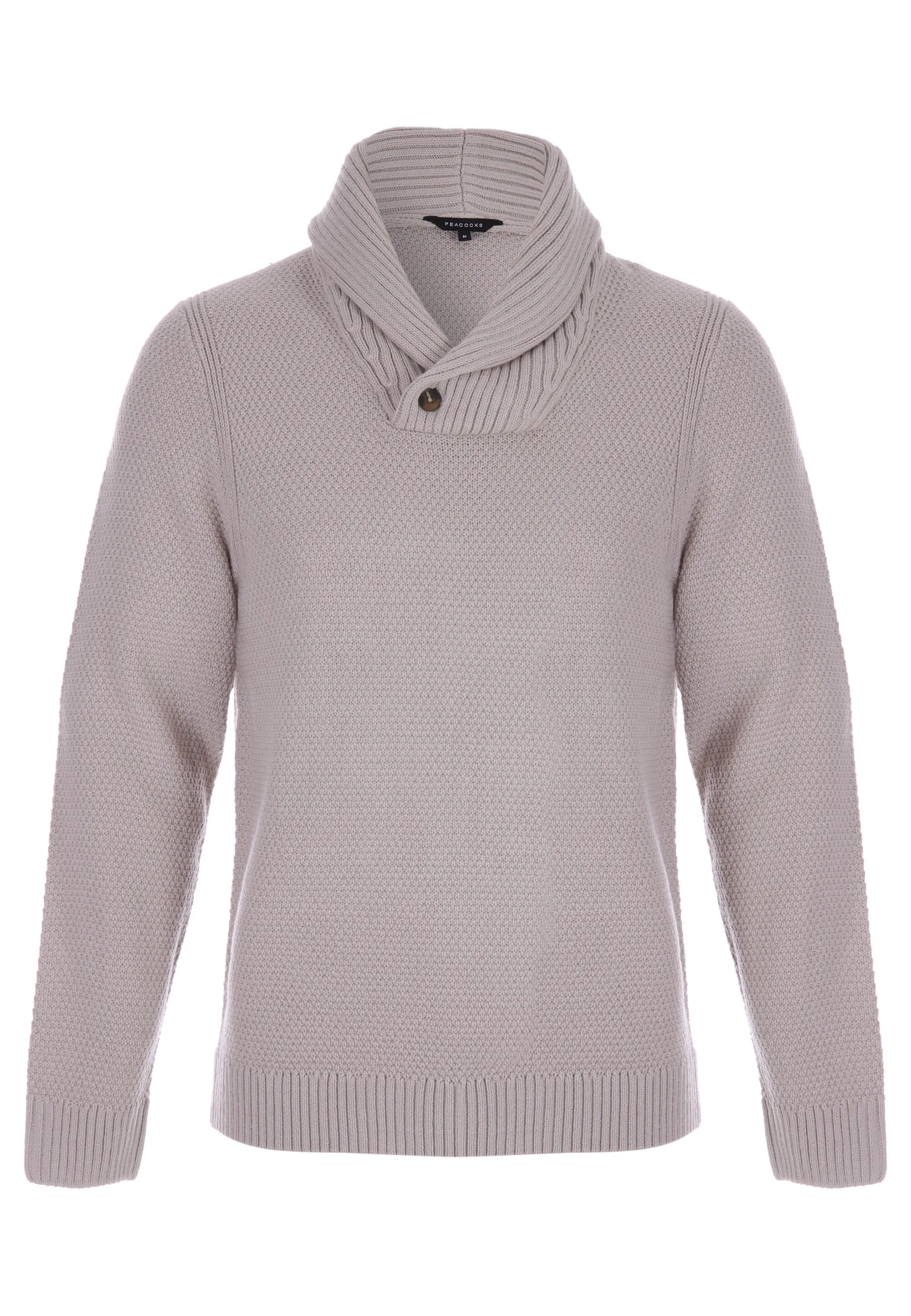 Mens Beige Plain Knitted Shawl Neck Jumper