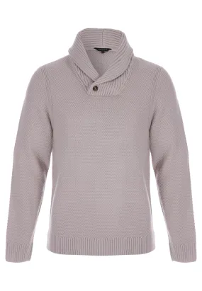 Mens Beige Plain Knitted Shawl Neck Jumper