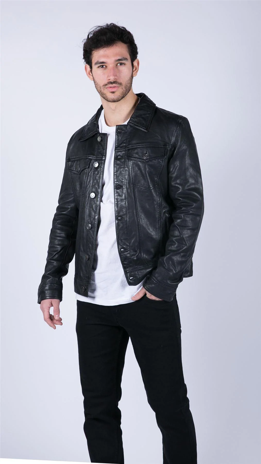 Mens Black real Leather Vintage Soft Jacket Short Jeans Style Classic Stud