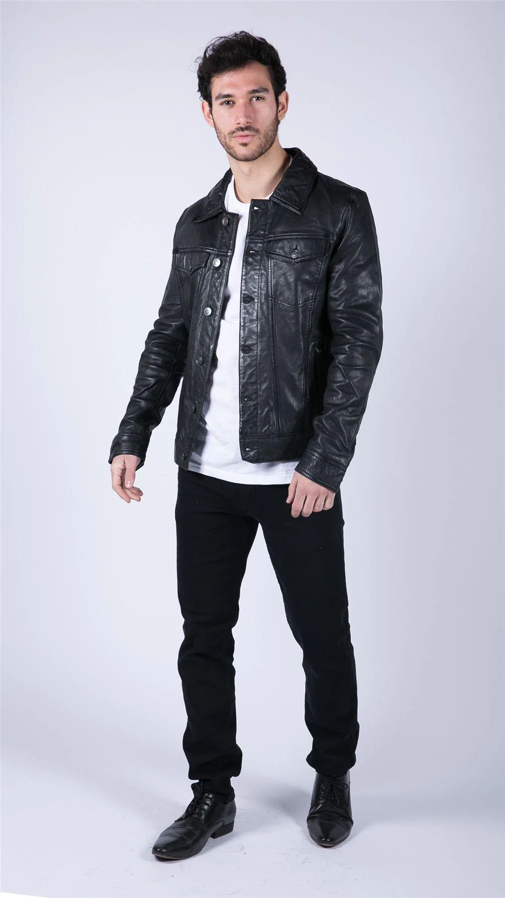 Mens Black real Leather Vintage Soft Jacket Short Jeans Style Classic Stud