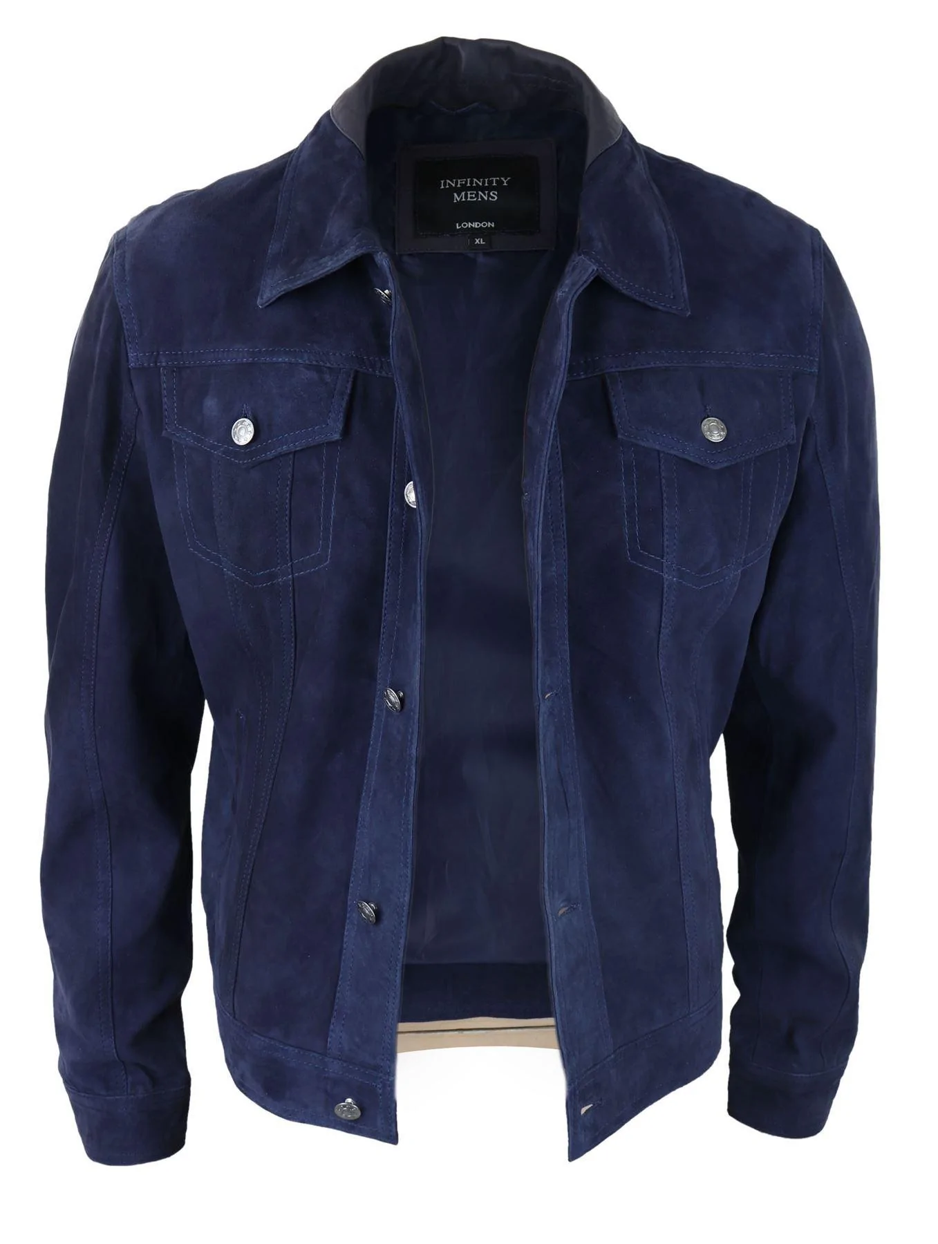 Mens Genuine Suede Jacket Leather Jeans Denim Short Mens Biker Classic Vintage Navy