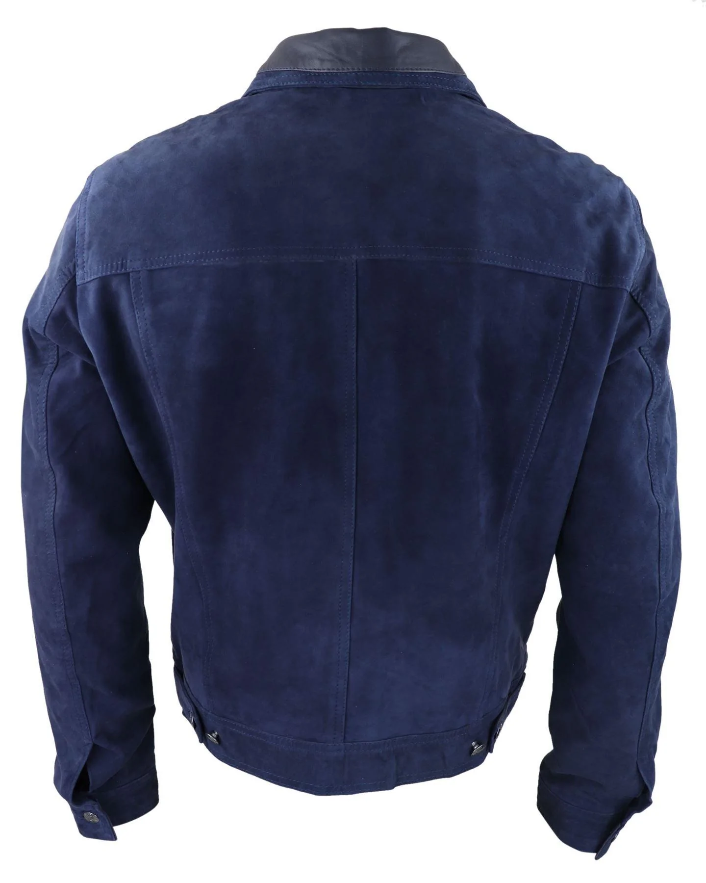 Mens Genuine Suede Jacket Leather Jeans Denim Short Mens Biker Classic Vintage Navy