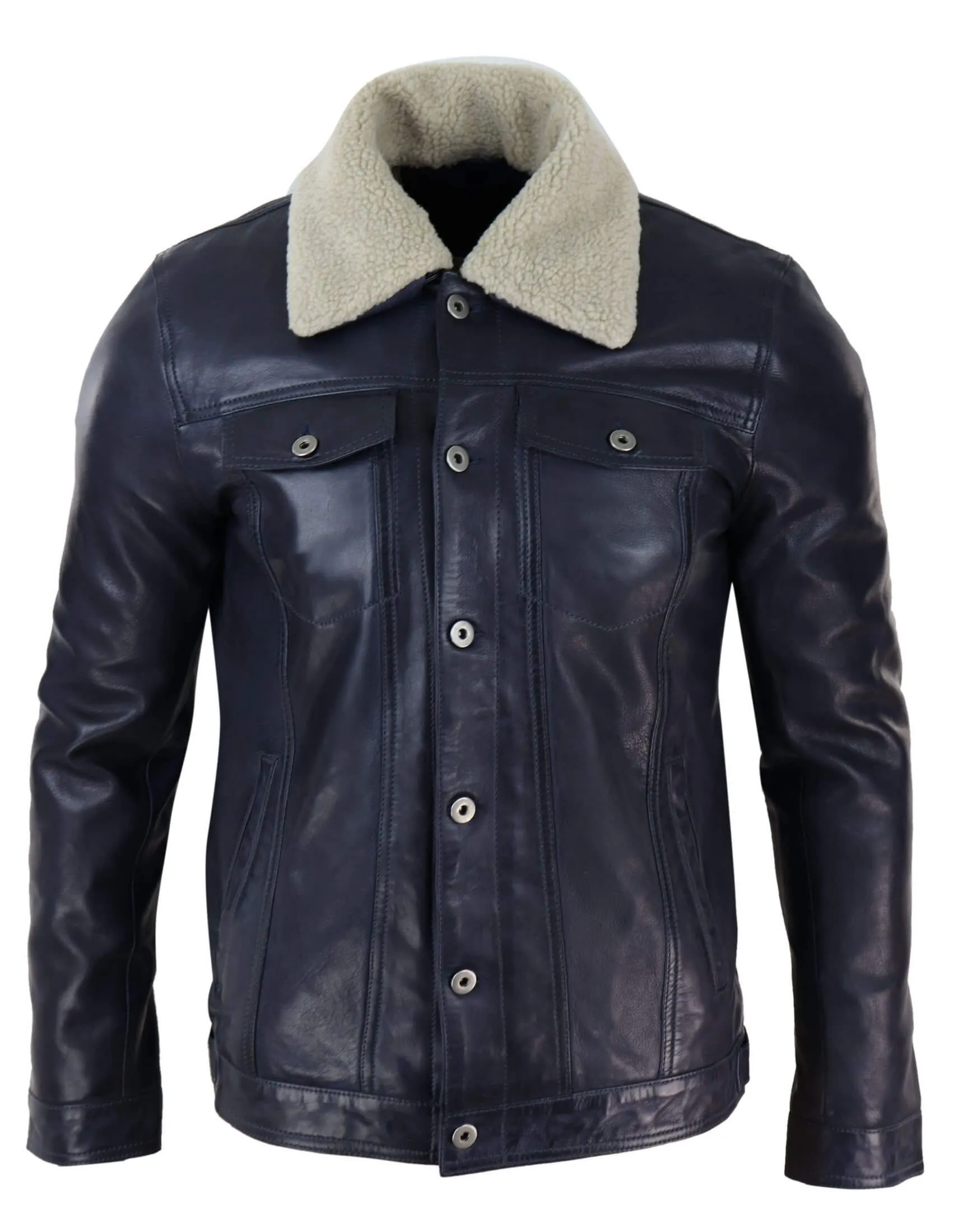 Mens Real Leather Jeans Jacket Fur Collar Retro Vintage Classic Navy Blue Casual