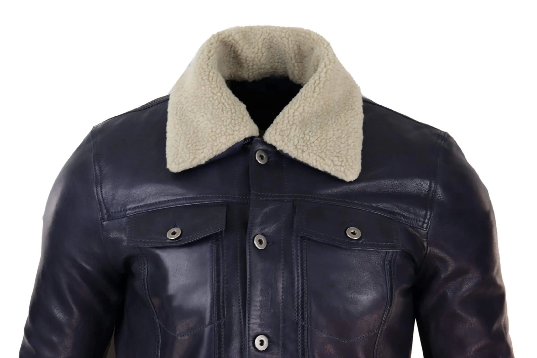 Mens Real Leather Jeans Jacket Fur Collar Retro Vintage Classic Navy Blue Casual