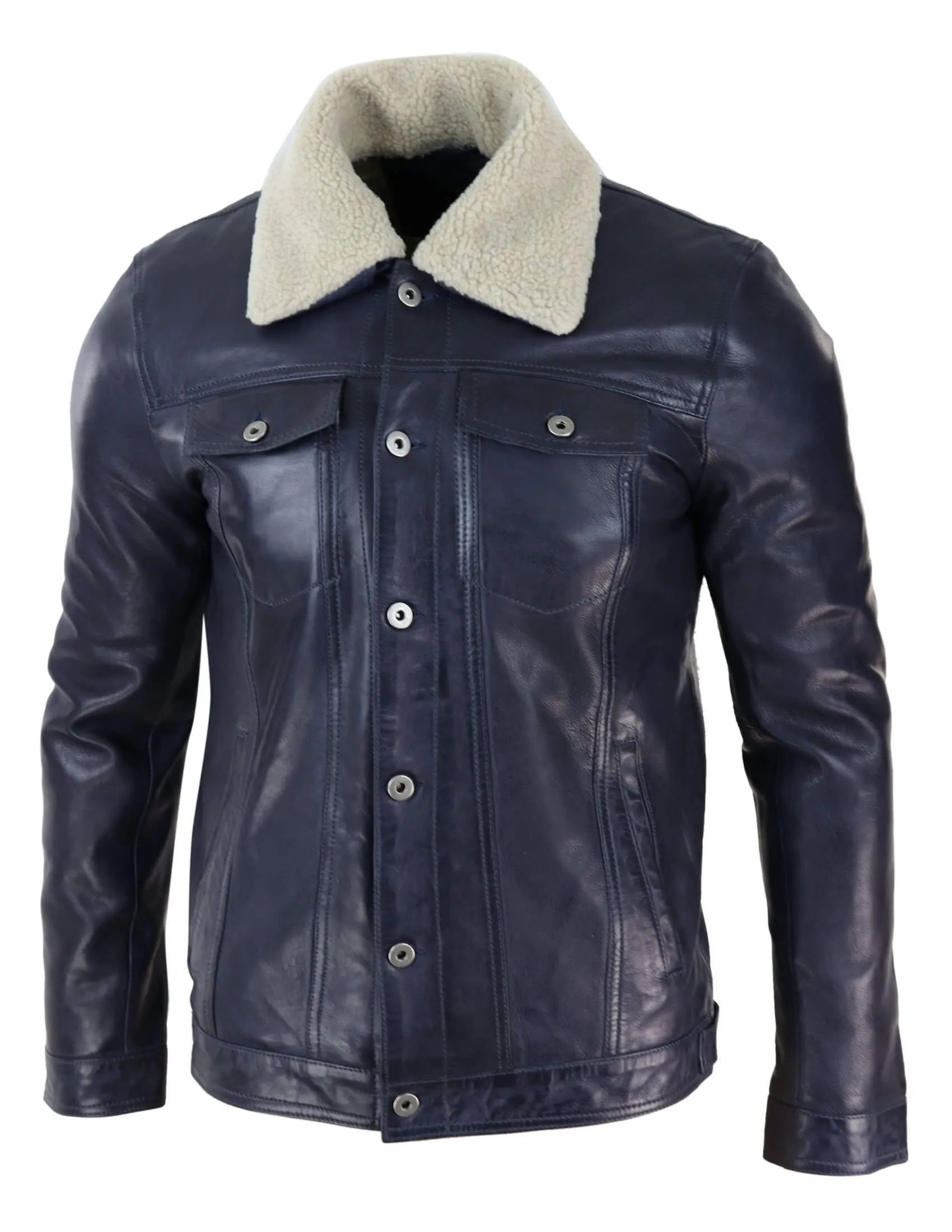 Mens Real Leather Jeans Jacket Fur Collar Retro Vintage Classic Navy Blue Casual