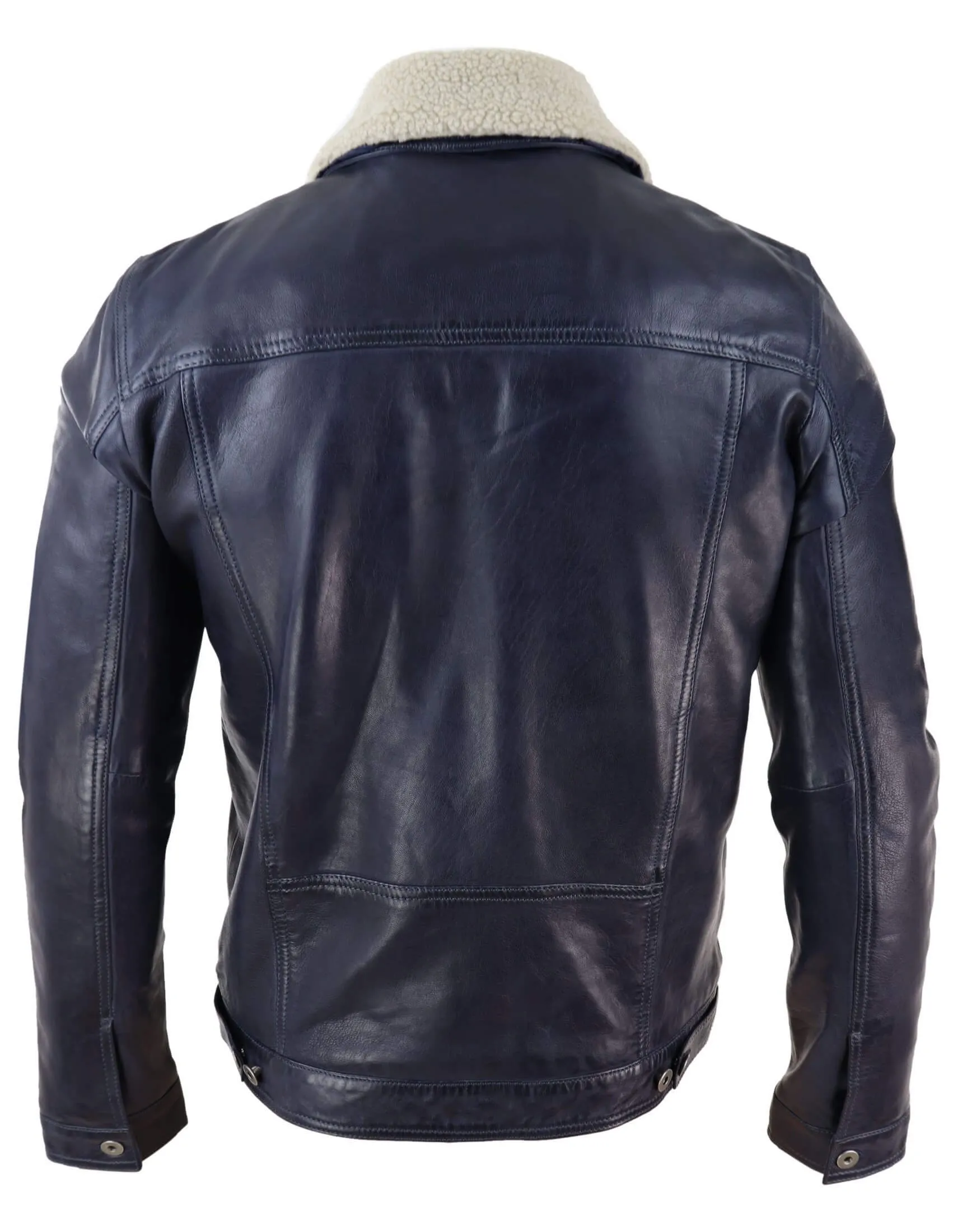 Mens Real Leather Jeans Jacket Fur Collar Retro Vintage Classic Navy Blue Casual