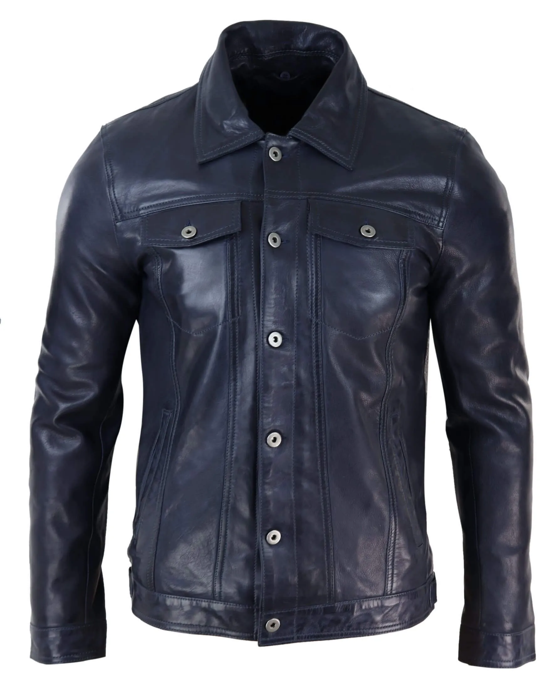 Mens Real Leather Jeans Jacket Fur Collar Retro Vintage Classic Navy Blue Casual