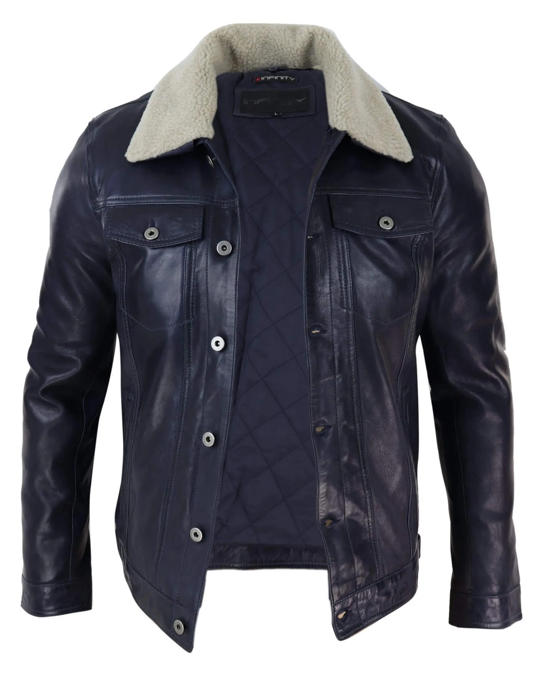 Mens Real Leather Jeans Jacket Fur Collar Retro Vintage Classic Navy Blue Casual