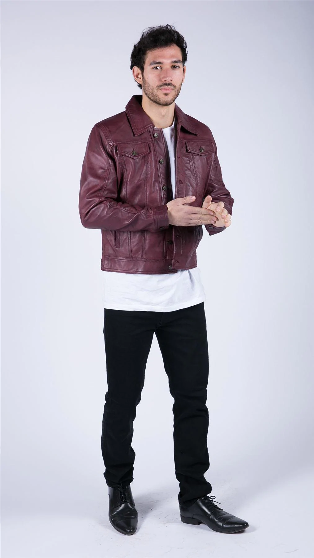 Mens Real Leather Shirt Jacket Burgundy Wine Retro Jeans Style Brando Classic