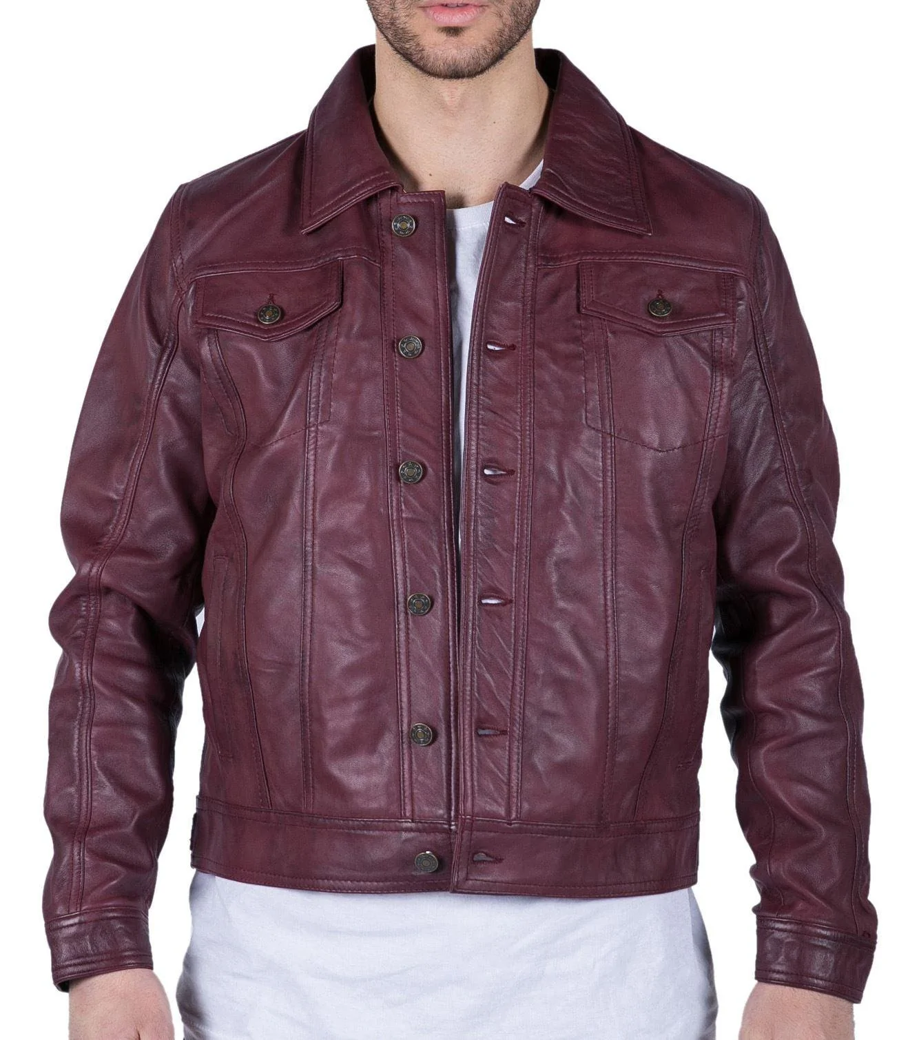 Mens Real Leather Shirt Jacket Burgundy Wine Retro Jeans Style Brando Classic