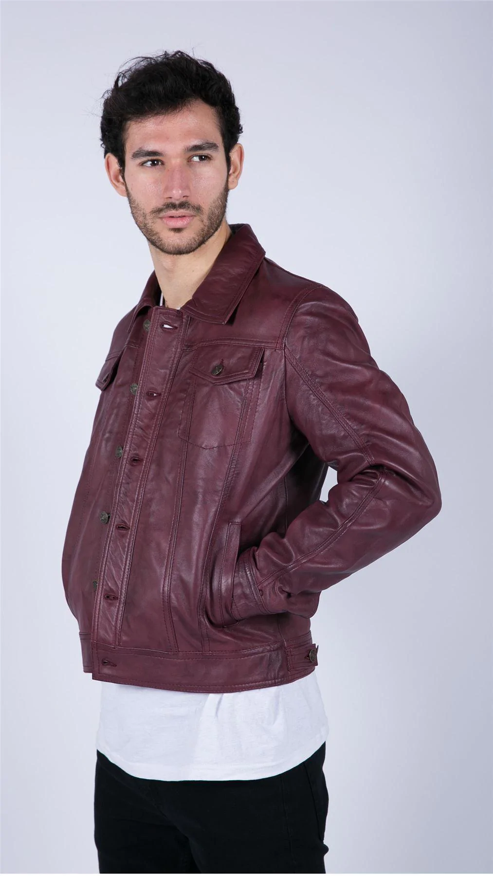 Mens Real Leather Shirt Jacket Burgundy Wine Retro Jeans Style Brando Classic