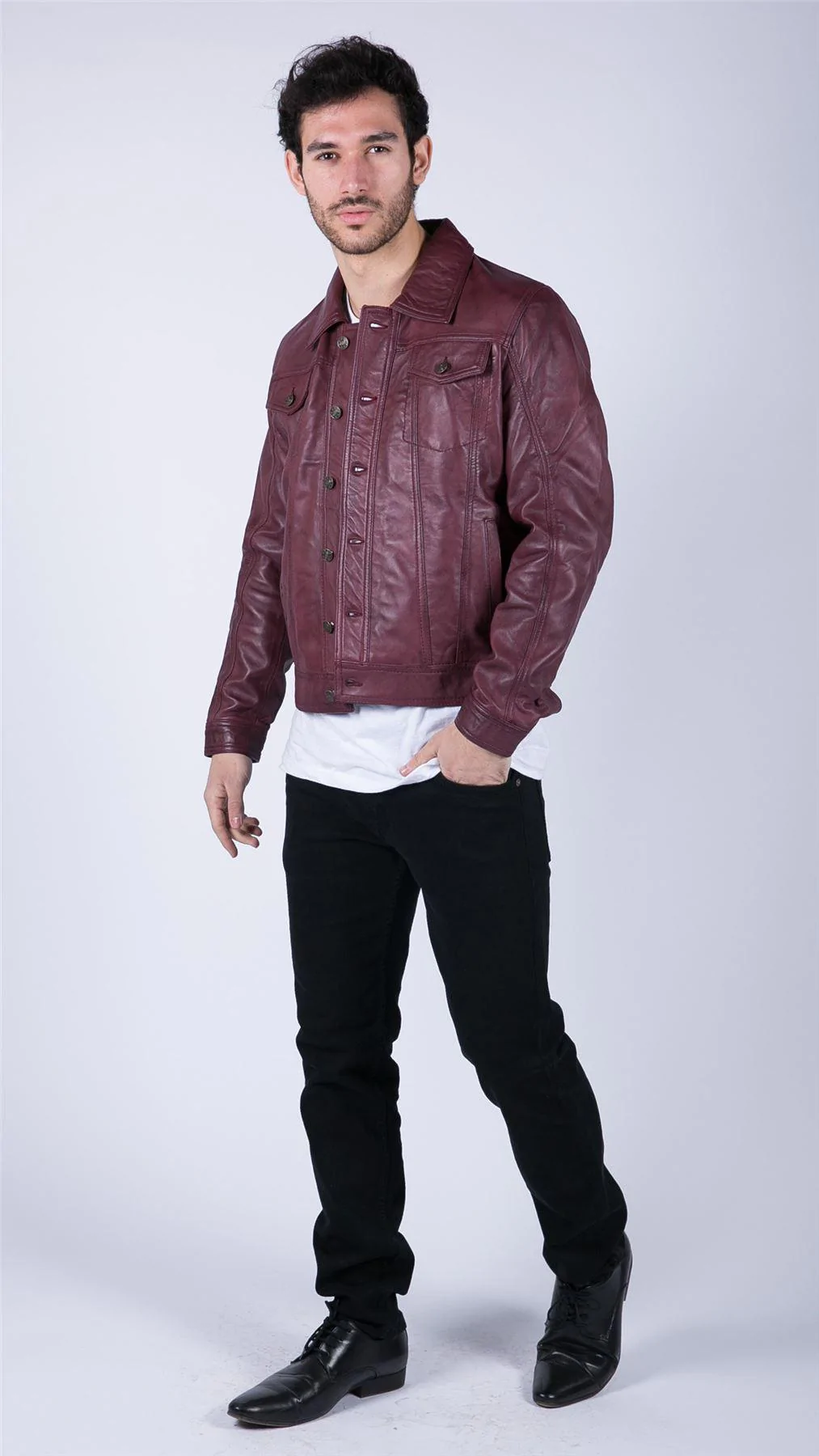 Mens Real Leather Shirt Jacket Burgundy Wine Retro Jeans Style Brando Classic