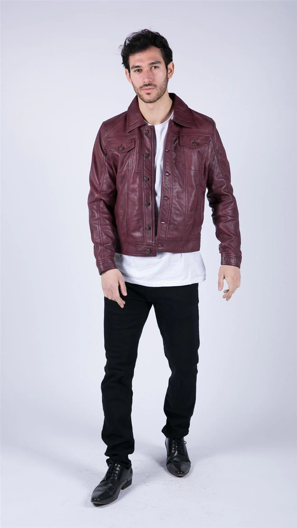 Mens Real Leather Shirt Jacket Burgundy Wine Retro Jeans Style Brando Classic