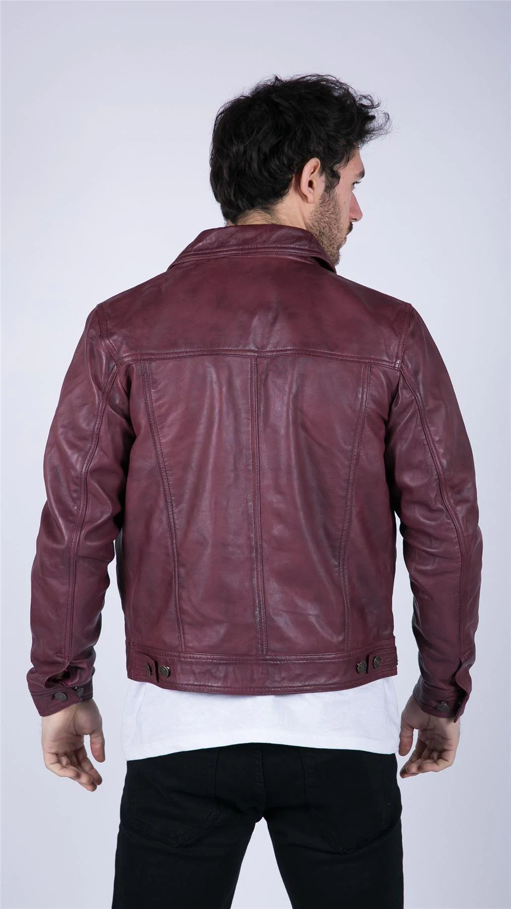 Mens Real Leather Shirt Jacket Burgundy Wine Retro Jeans Style Brando Classic