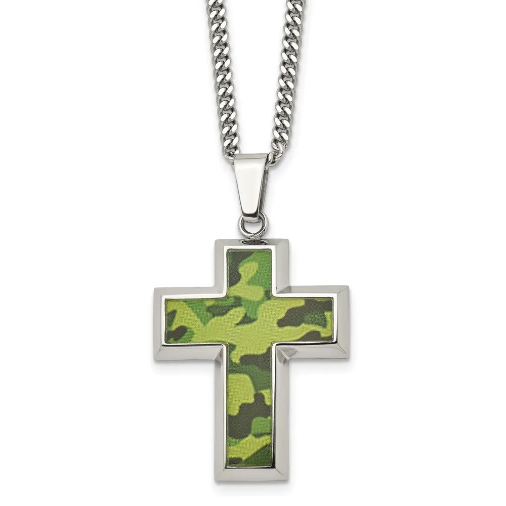 Men's Stainless Steel Printed Green Camo Cross Necklace, 22 inch