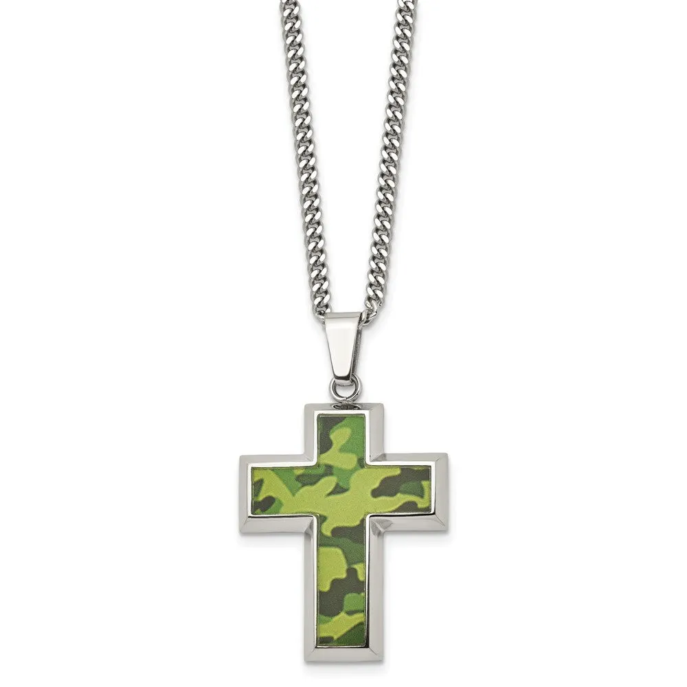 Men's Stainless Steel Printed Green Camo Cross Necklace, 22 inch