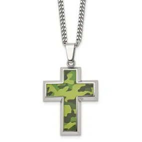 Men's Stainless Steel Printed Green Camo Cross Necklace, 22 inch