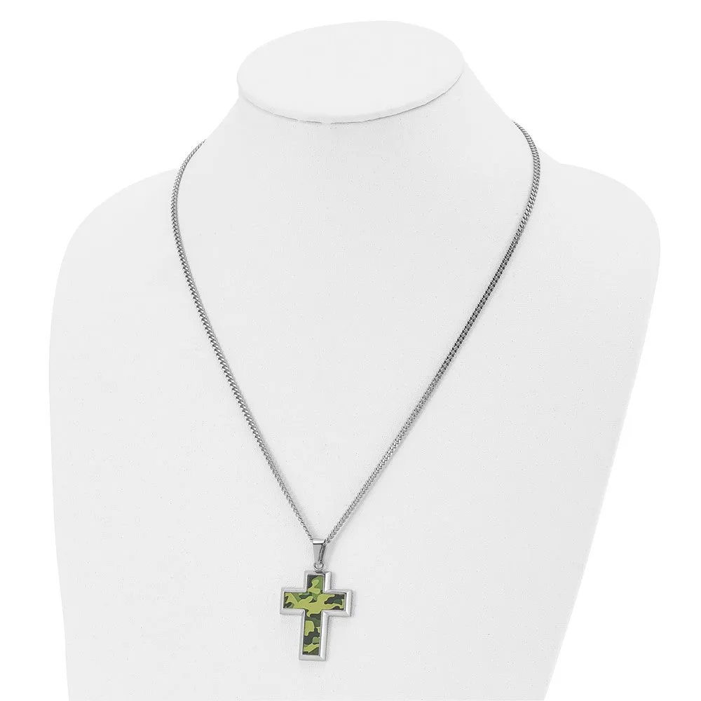 Men's Stainless Steel Printed Green Camo Cross Necklace, 22 inch