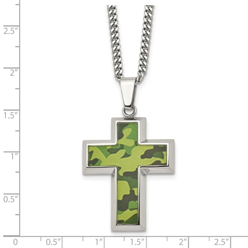 Men's Stainless Steel Printed Green Camo Cross Necklace, 22 inch