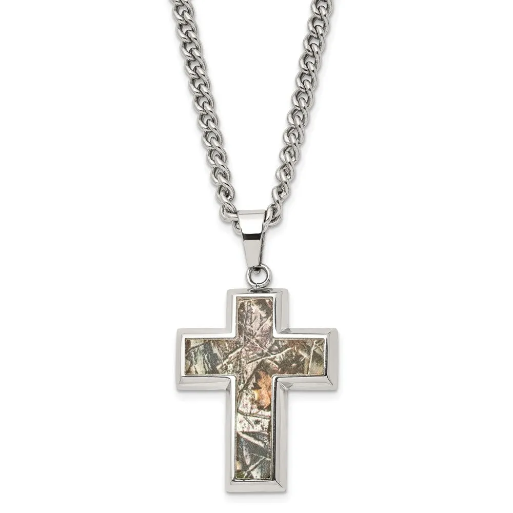 Men's Stainless Steel Printed Hunting Camo Cross Necklace, 24 inch