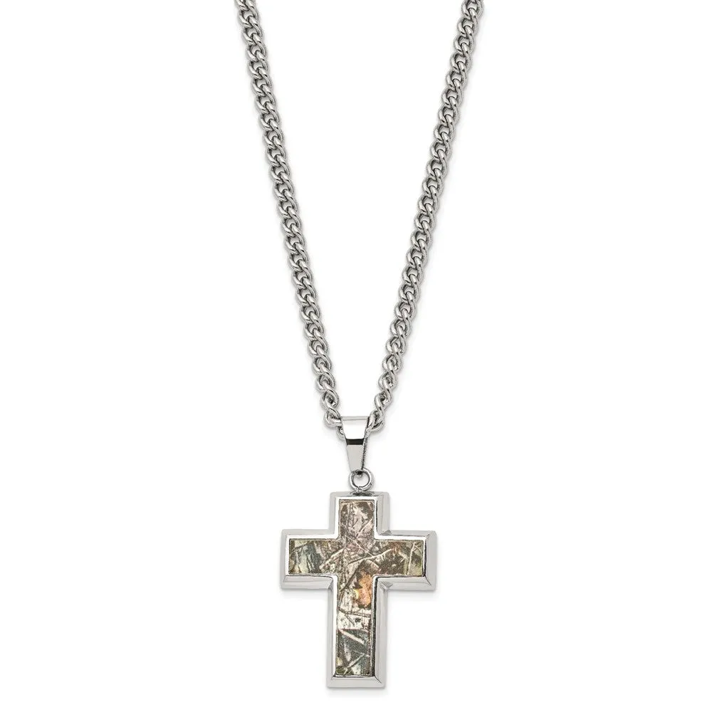 Men's Stainless Steel Printed Hunting Camo Cross Necklace, 24 inch