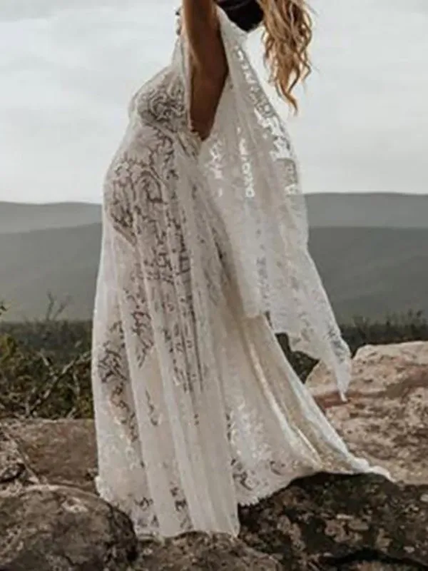 Momnfancy Floral Lace Cape Backless Boho Puffy Sleeves Pregnant Maternity Photoshoot Maxi Dress