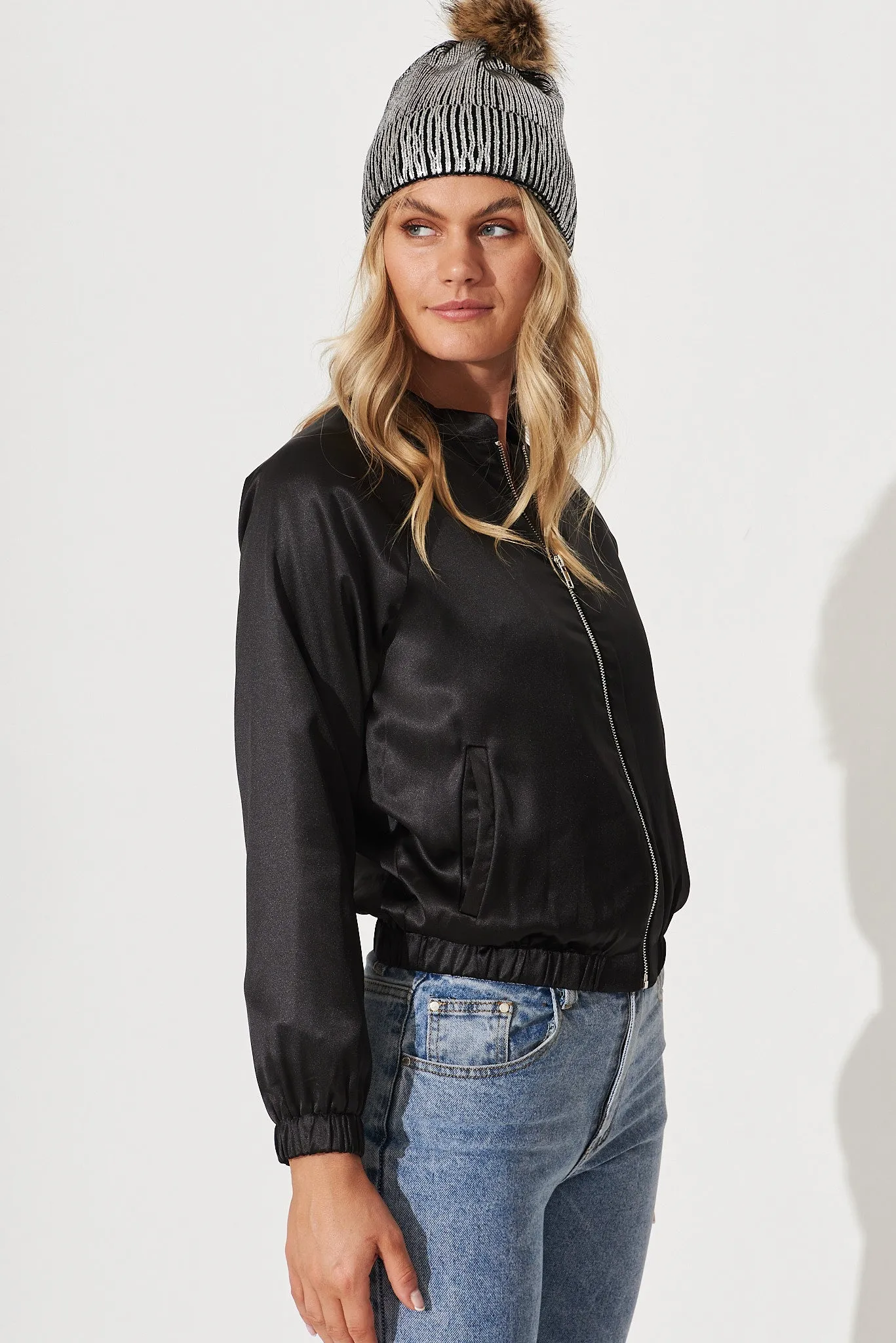 Montserrat Bomber Jacket In Black Satin