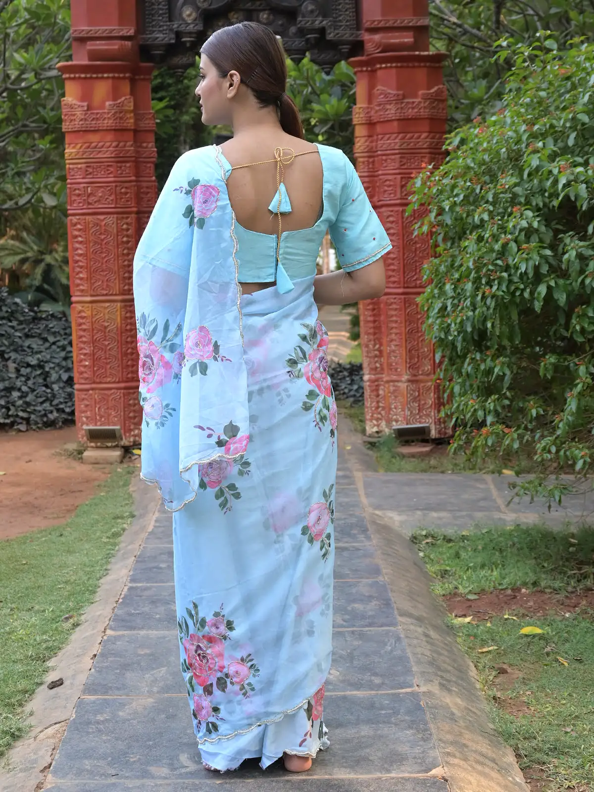 Odette Sea Blue Floral Printed Embroidered Soft Organza Saree with Unstitched Blouse for Women