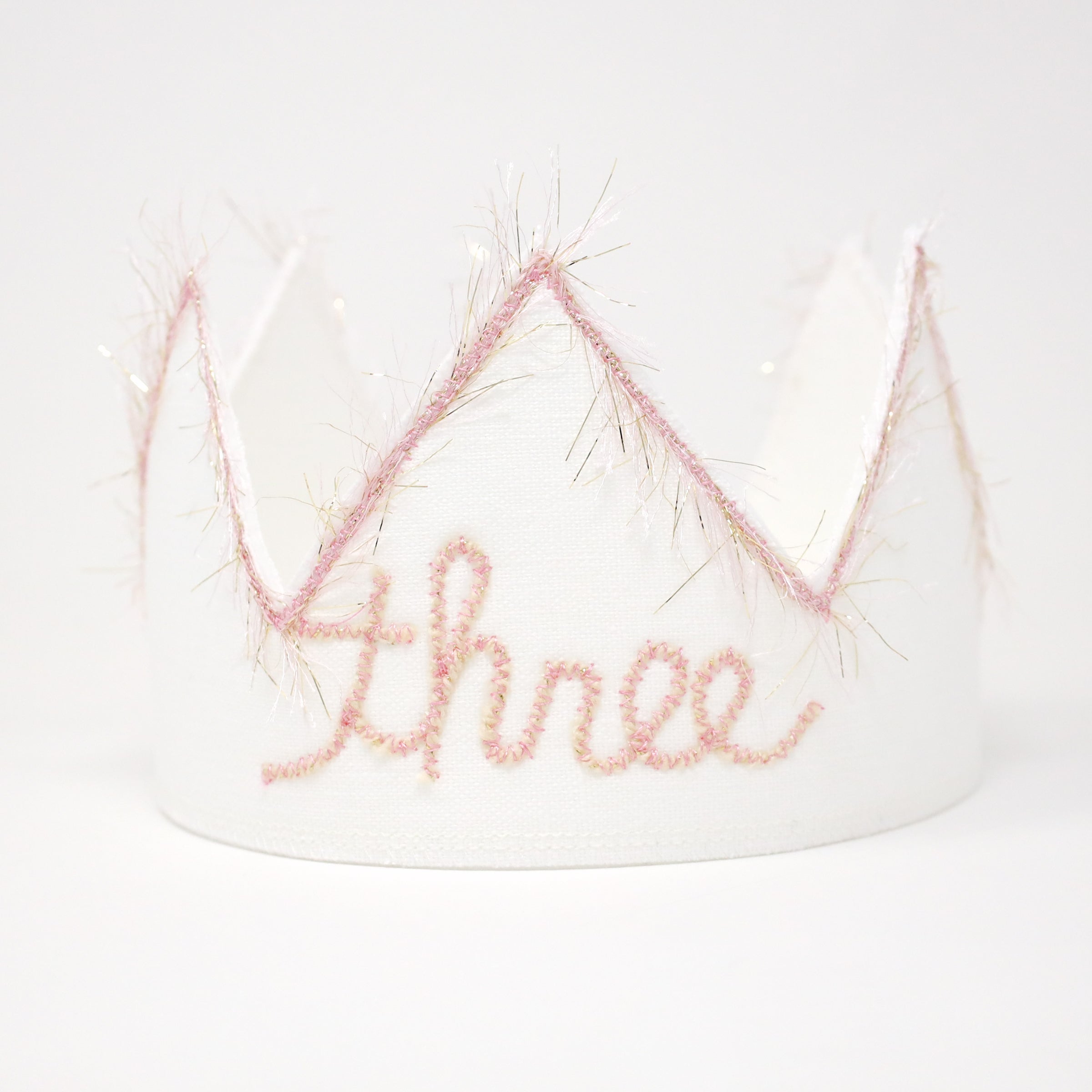 oh baby! Three Birthday Crown with Blush/Gold Trim on Oyster Linen