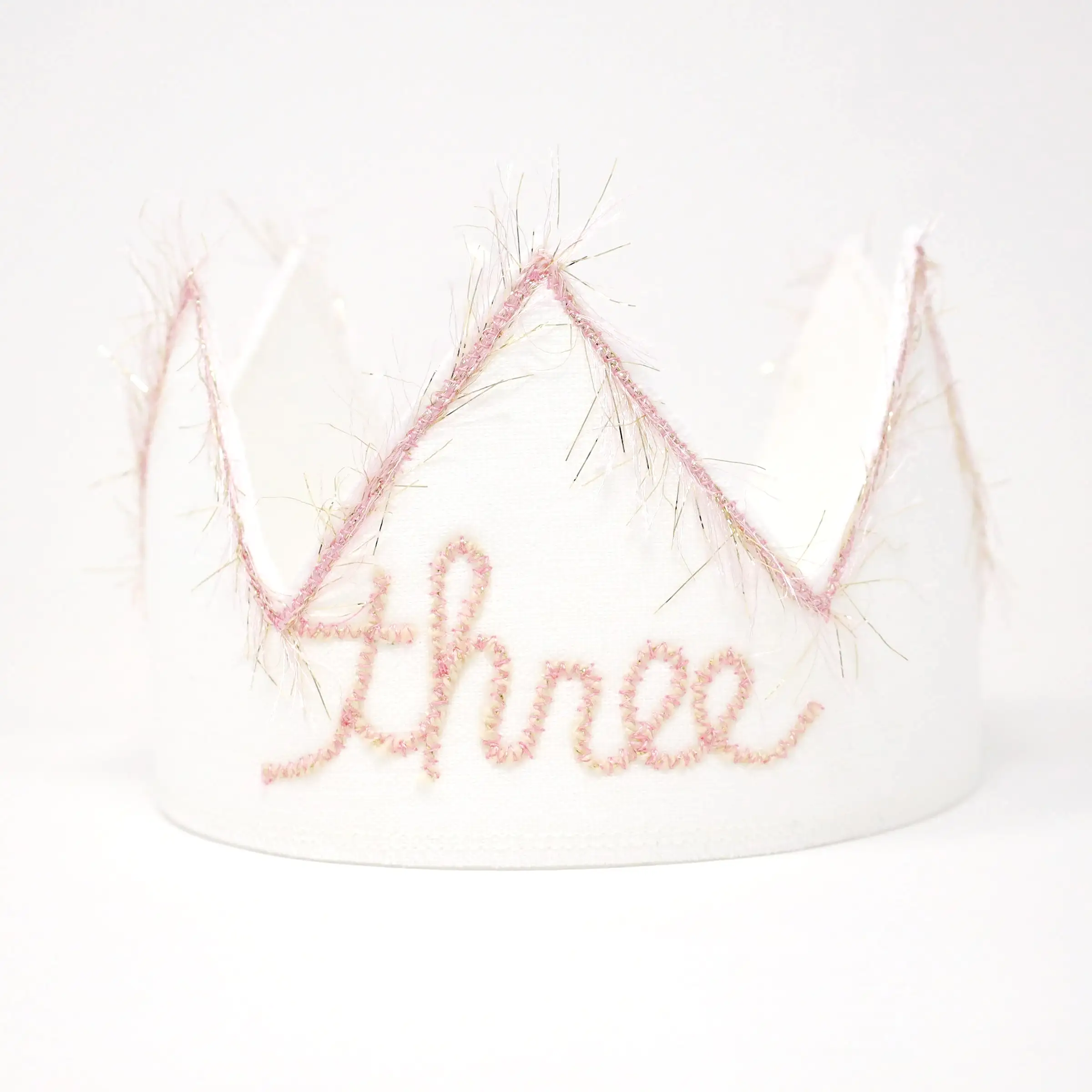 oh baby! Three Birthday Crown with Blush/Gold Trim on Oyster Linen