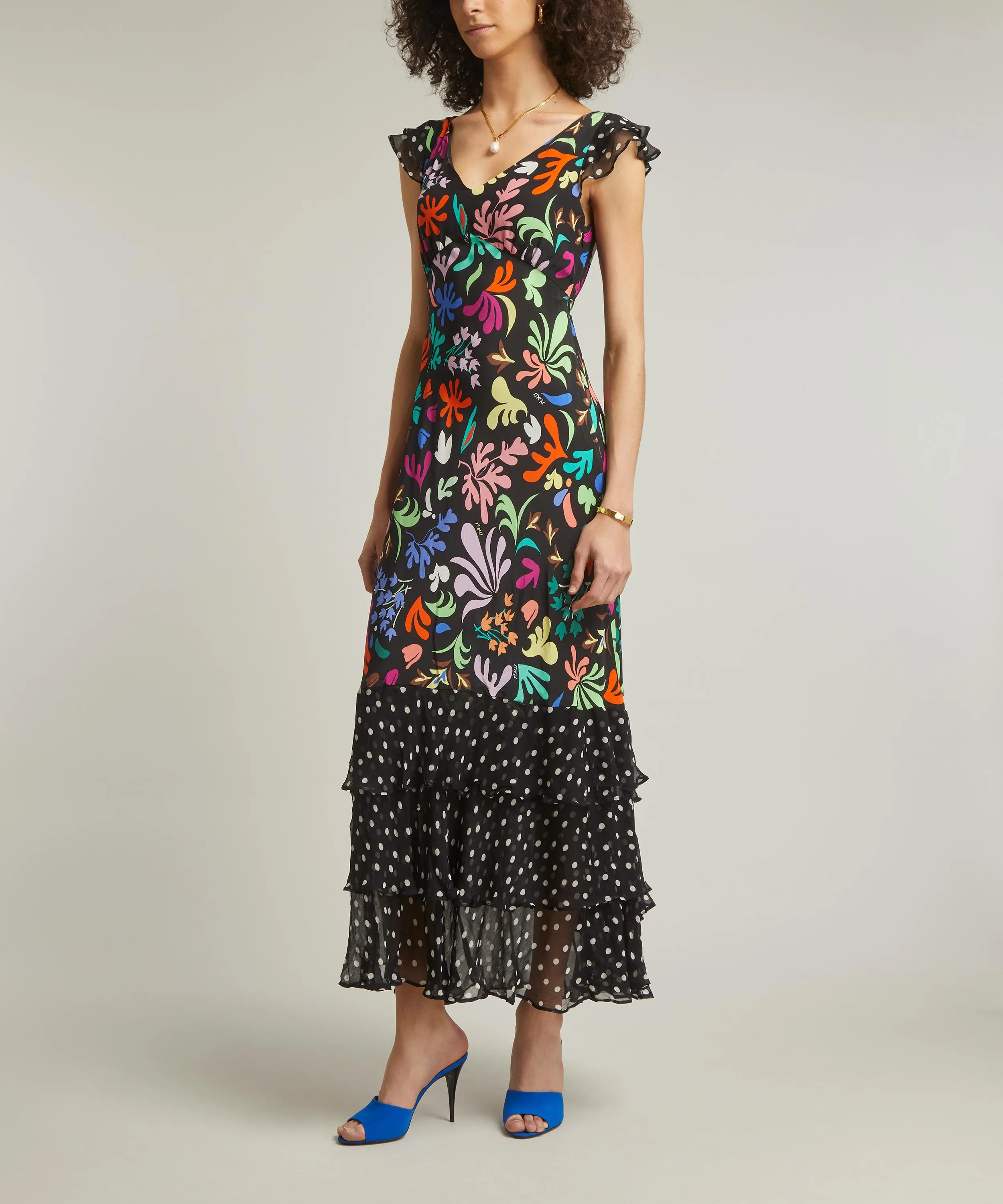 Ossy Floral Mix Black Silk Maxi Dress