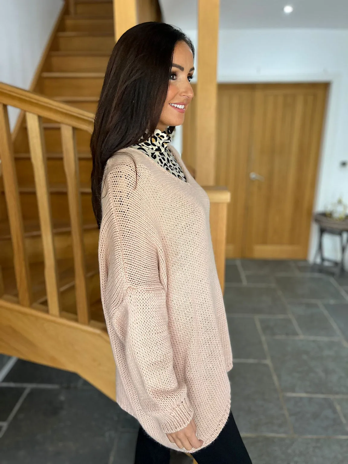 Pink V Neck Knitted Jumper Jessica