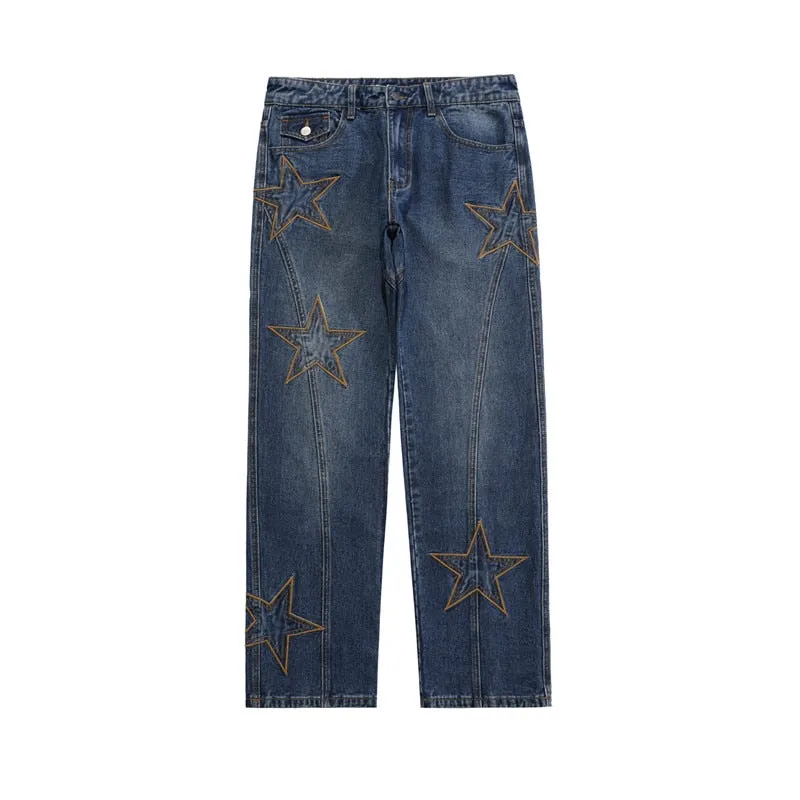 Retro Wash Jeans Men Embroidered Stars Straight Denim Pants Neutral Trousers Clothing XL