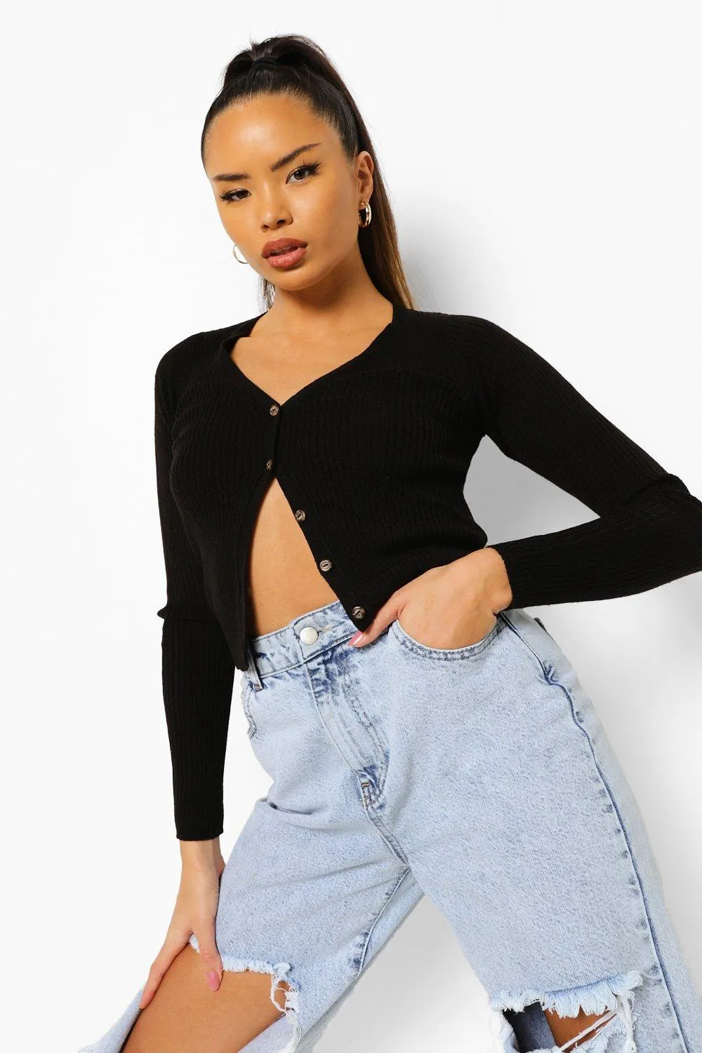 Rib Knit Button Through Cropped Cardigan