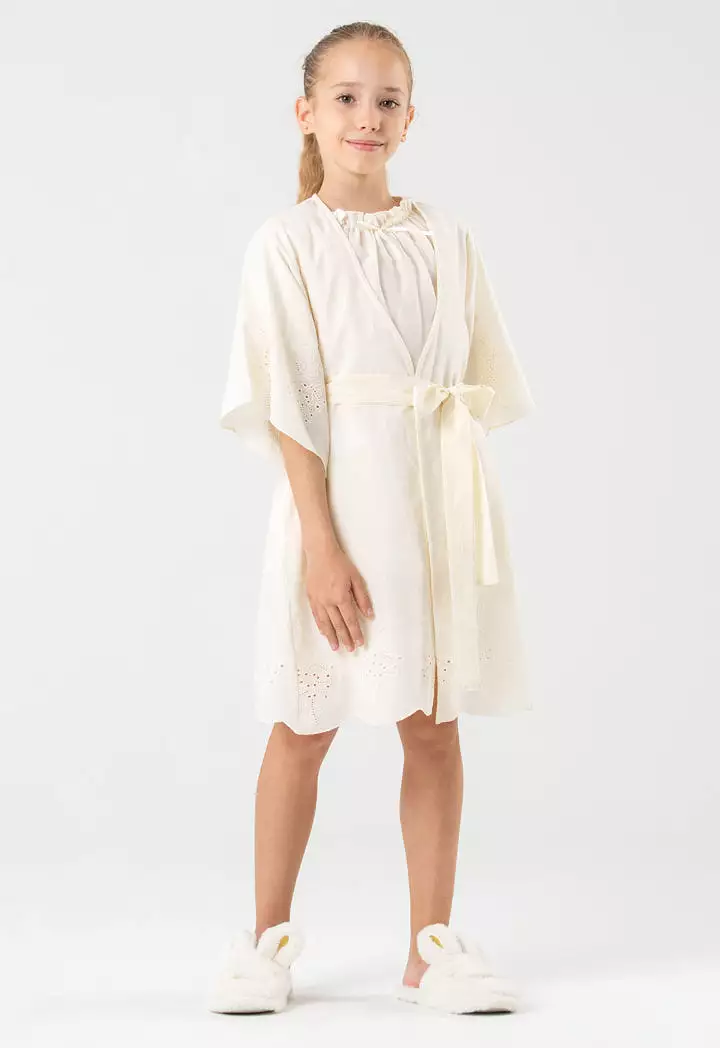 Schiffli Open Robe With Self Tie Waist Band