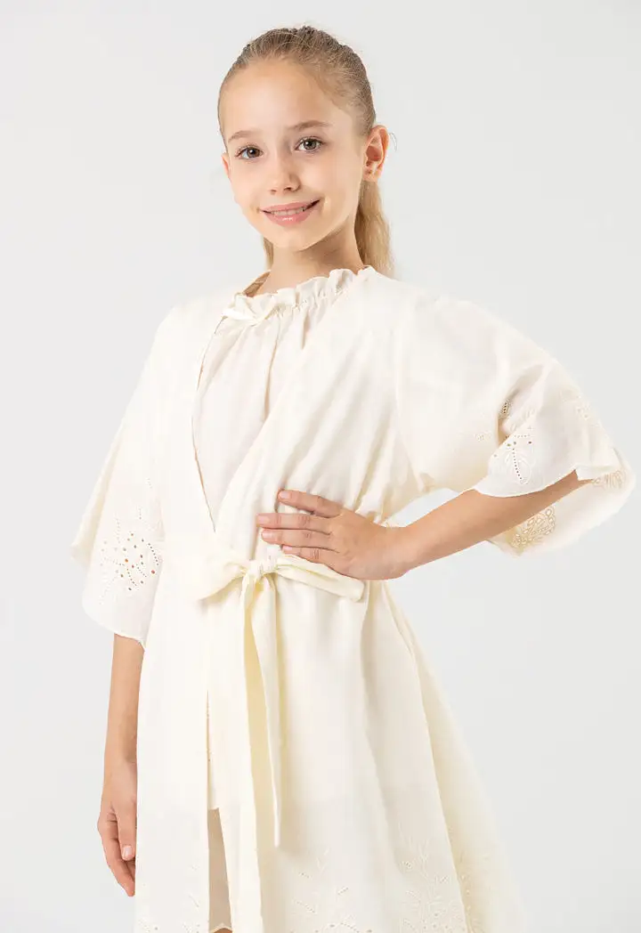 Schiffli Open Robe With Self Tie Waist Band