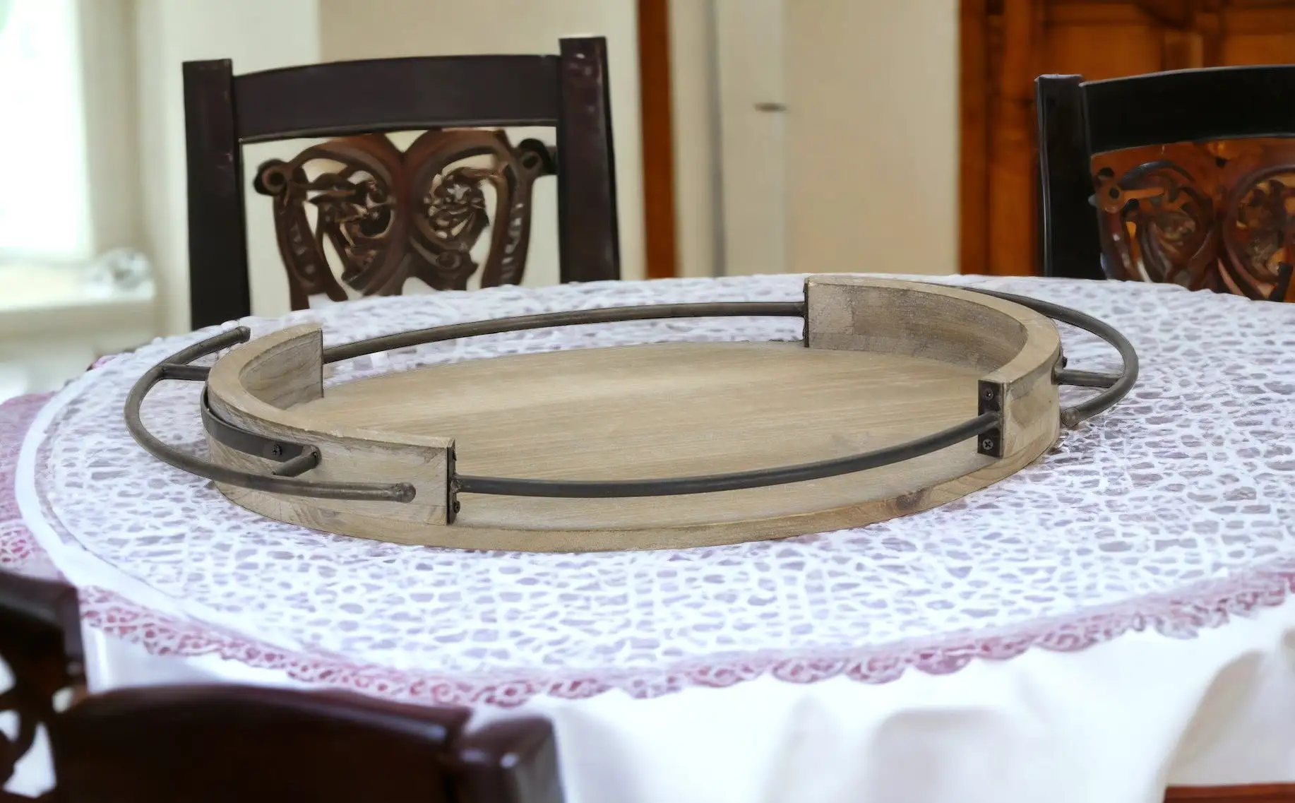 Set Of Three Brown Oval Wood and Metal Serving Trays With Handles