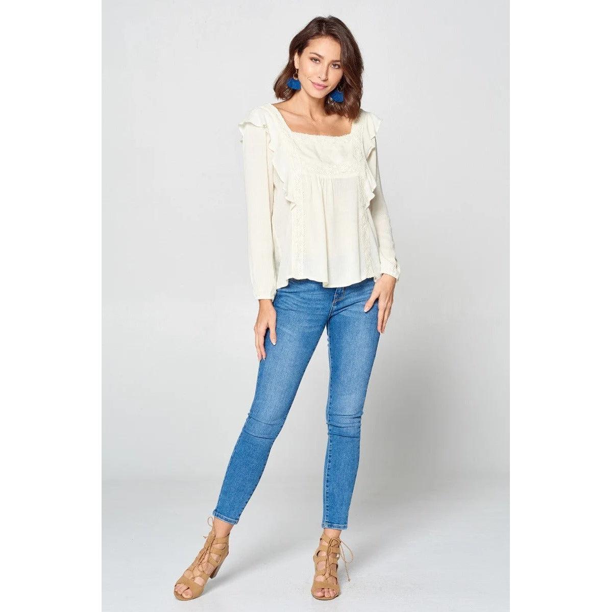 Solid Loose-fit Gauze Peasant Blouse