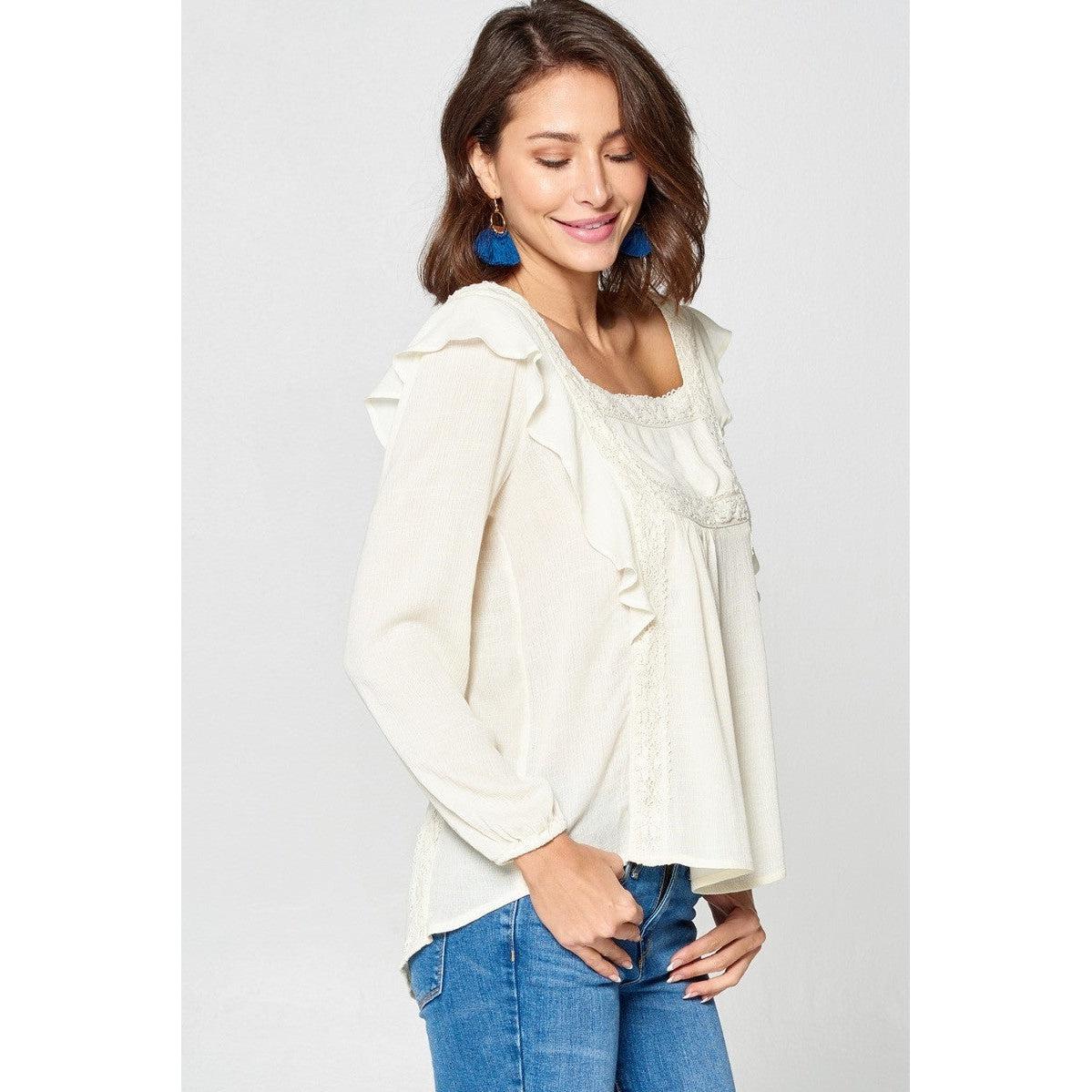 Solid Loose-fit Gauze Peasant Blouse