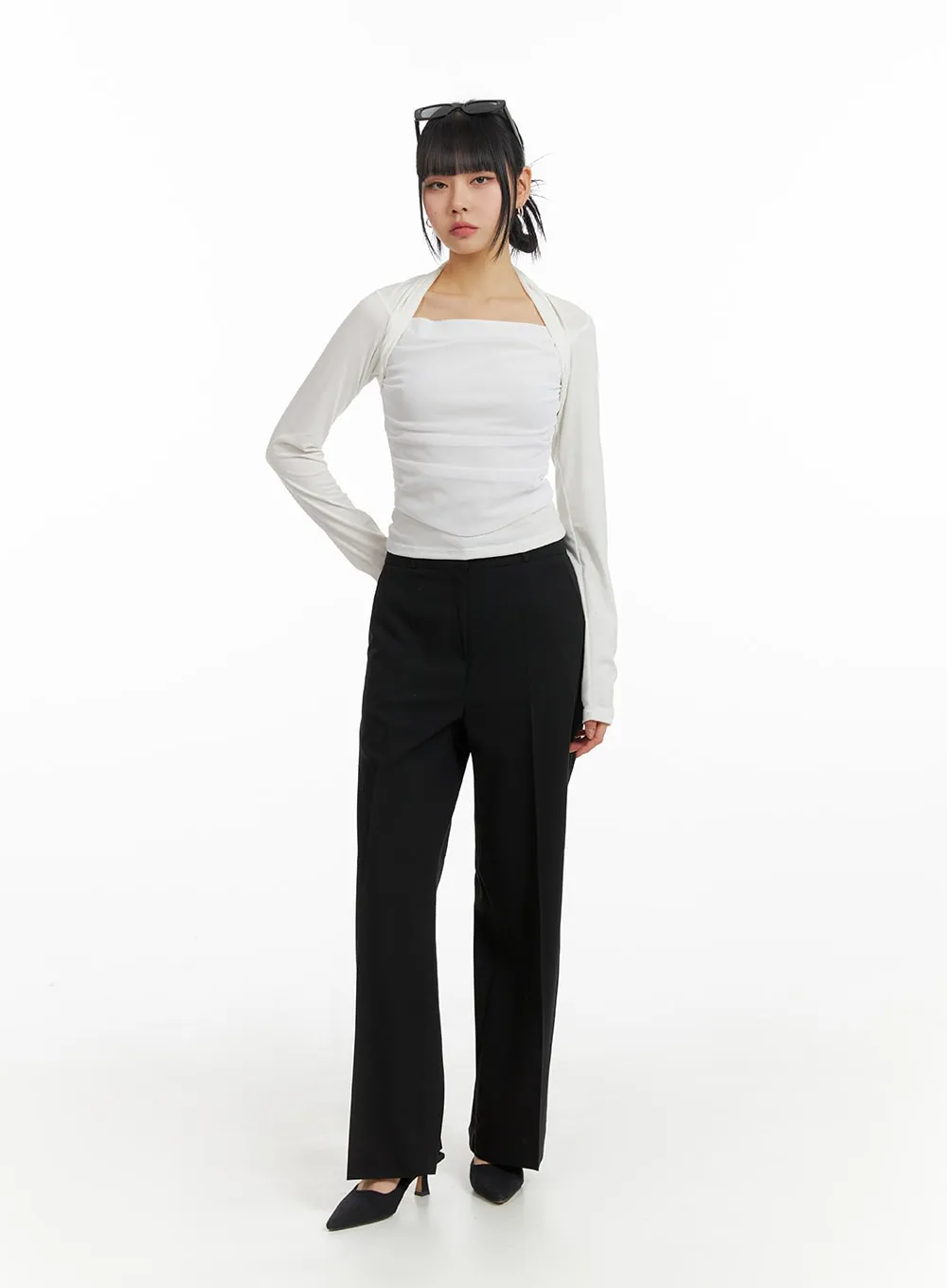 Square Neck Ruched Long Sleeve Top IM414