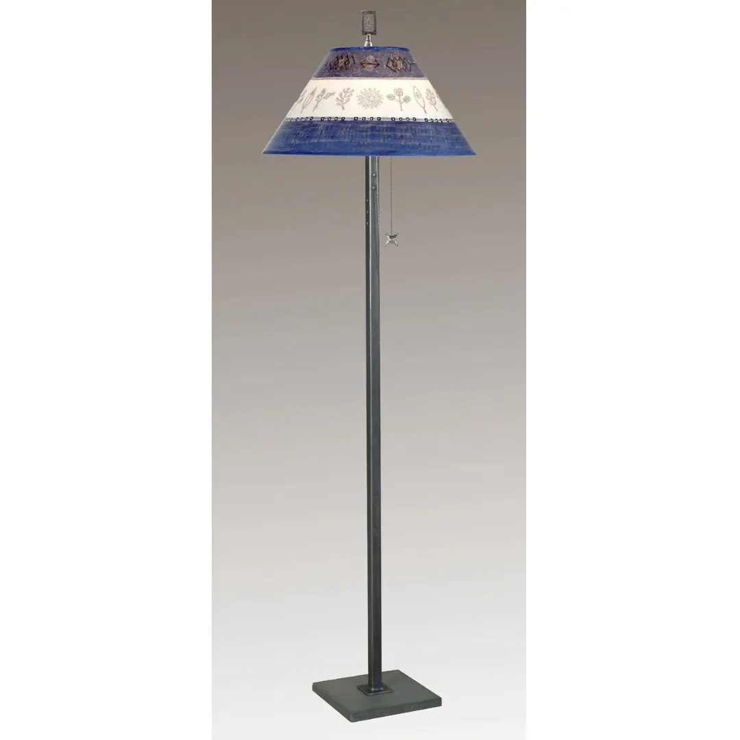 Steel Floor Lamp with Large Conical Shade in Woven Sprig & Sapphire