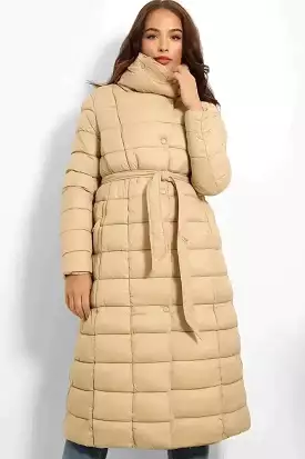 Super High Neck Waist Tie Quilted Midi Puffer Jacket