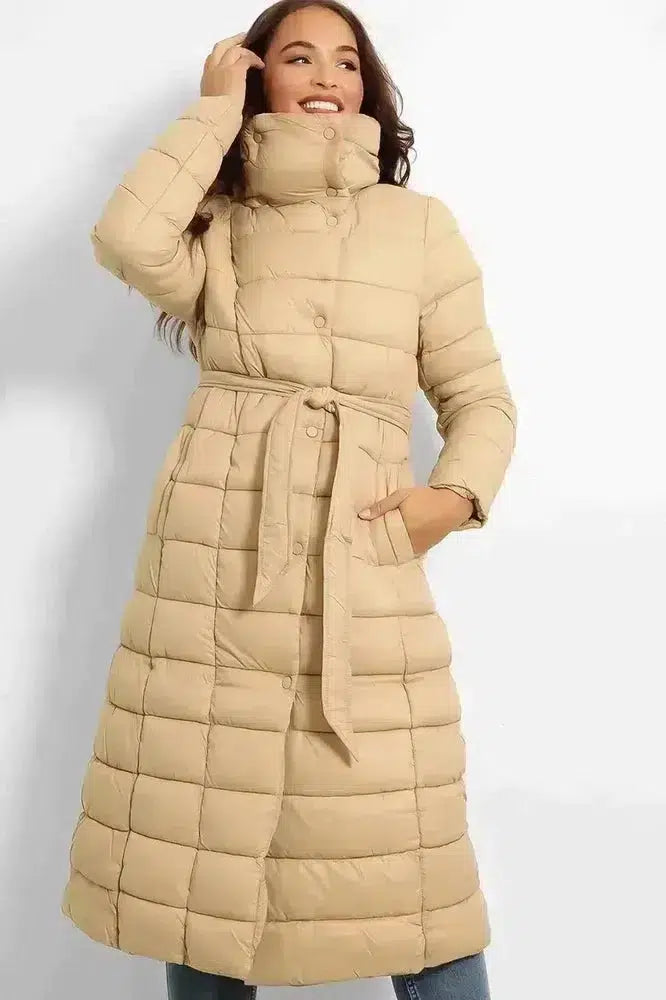 Super High Neck Waist Tie Quilted Midi Puffer Jacket